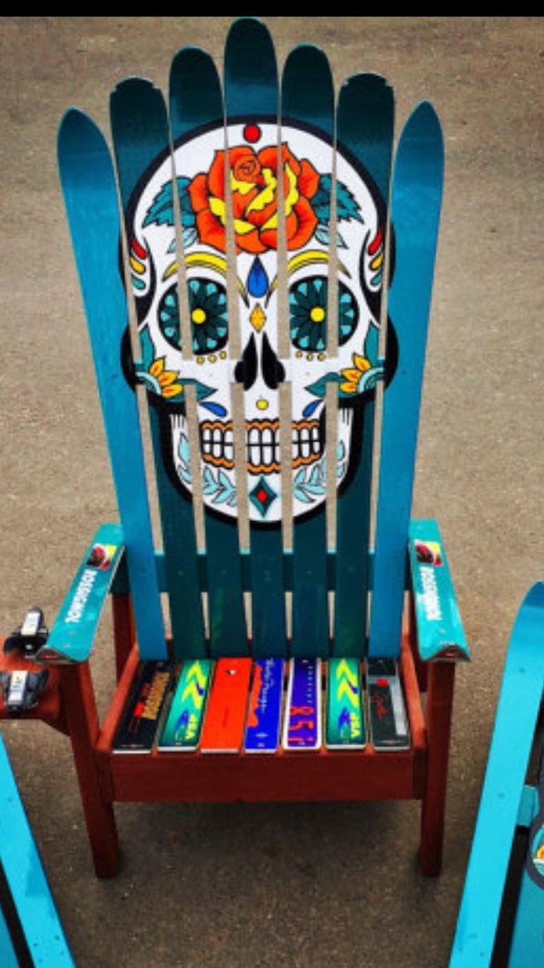 Mexican Sugar Skull/ Day of the Dead Ski Chair, Hand painted, Adirondack chair, sugar skulls, custom chair, deck chairs, patio chair image 4