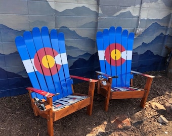 Set of 2 - Colorado Flag Ski Chairs, Hand Painted Adirondack Ski Chair, Wood Patio Chair, Fire-pit Chairs, Unique Gifts, Colorado Chairs