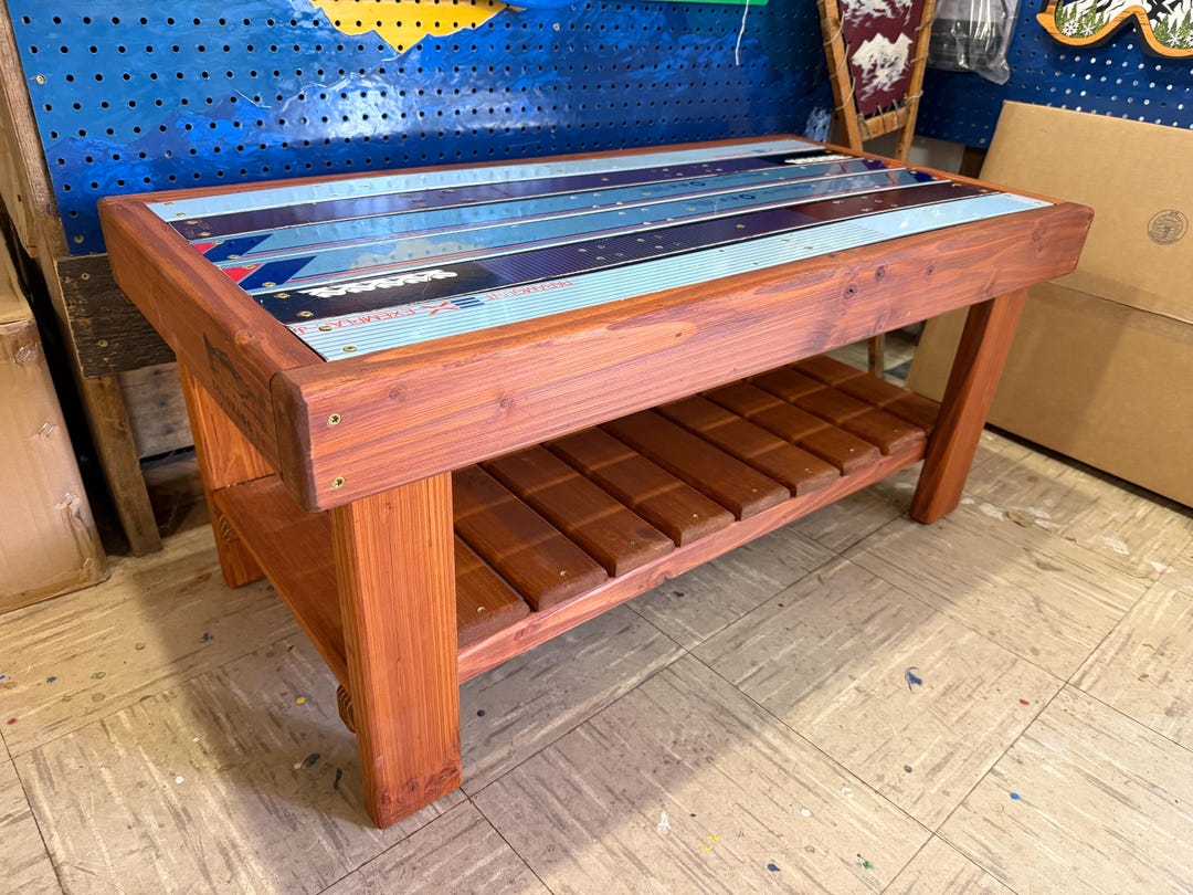 Vintage Ski Coffee Table, Handcrafted With Lower Wooden Shelf