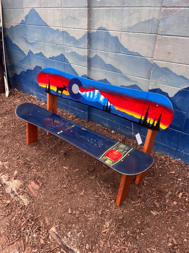 Moose Racing Bench Colorado Mountain Sunset With Moose Snowboard Bench, Hand-painted ...