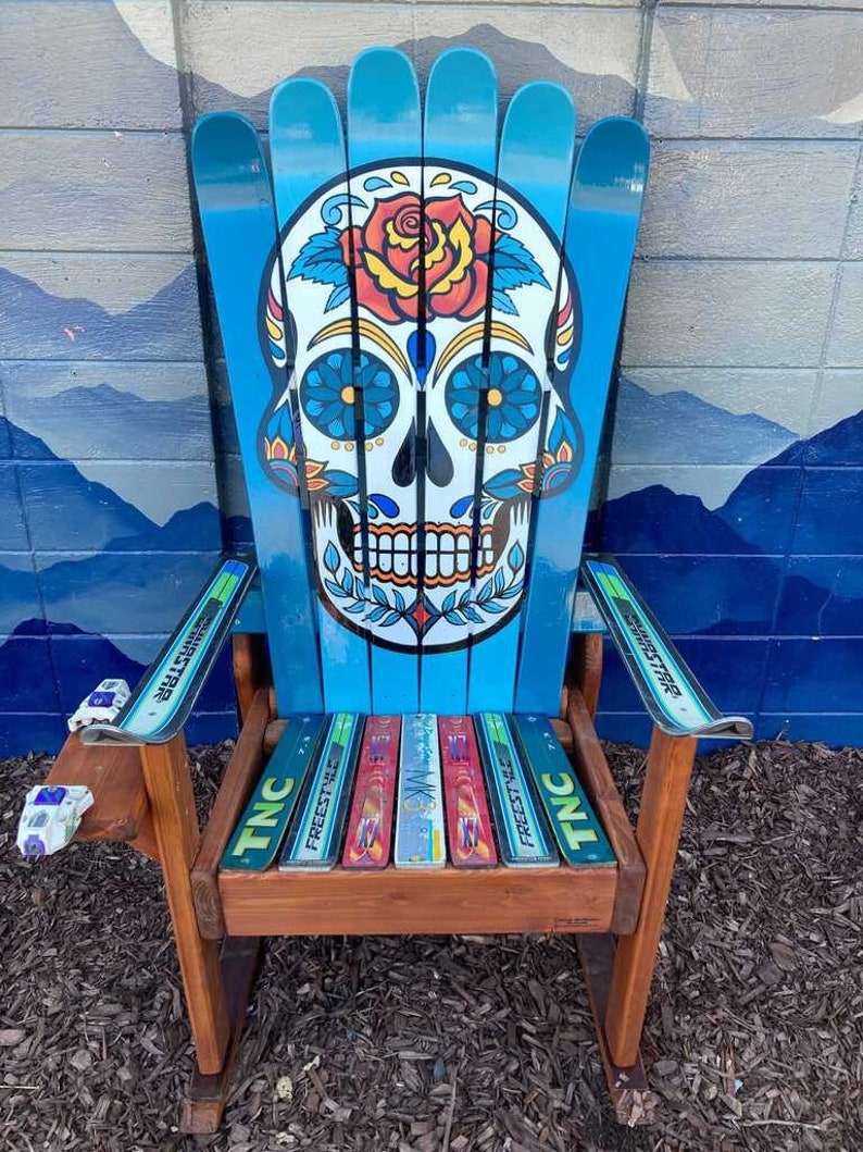 Mexican Sugar Skull/ Day of the Dead Ski Chair, Hand painted, Adirondack chair, sugar skulls, custom chair, deck chairs, patio chair image 1