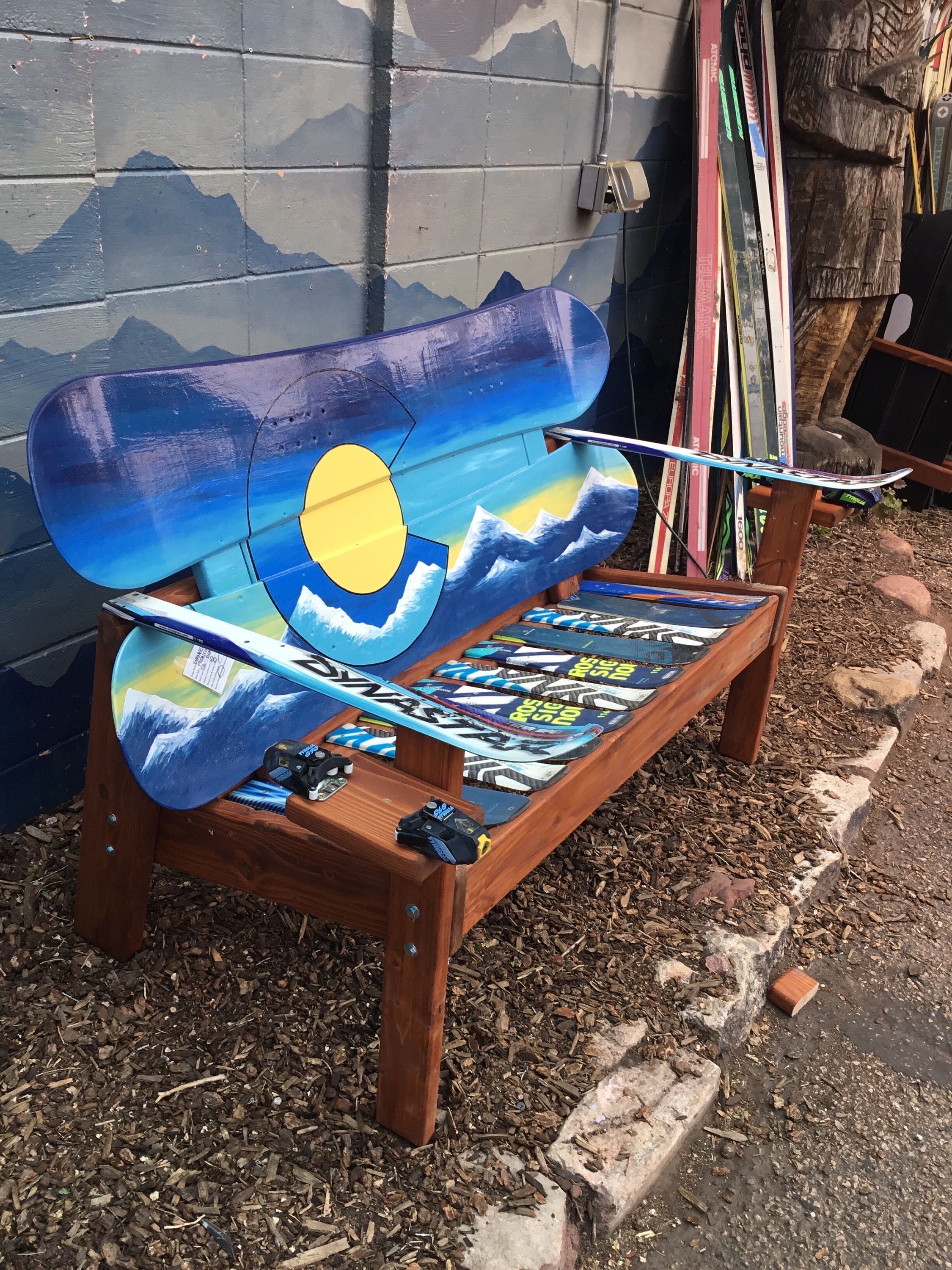 Hand Painted Colorado Mountain Mural Snowboard Bench, Upcycled