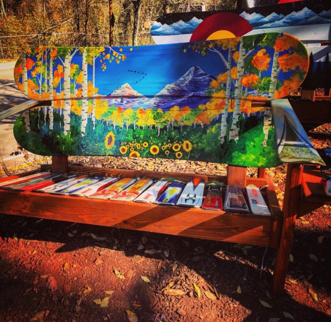 マウンテンリサーチ ラウンドボード Hand Painted Aspen & Mountains Mural Snowboard Bench - Etsy