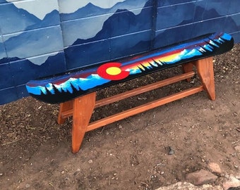 Sunset Mountain Mural Single Snowboard Bench, snowboard boot bench, mud room bench, hallway bench, hand painted, coffee table