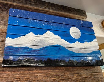 Hand-Painted Mountain Mural on Upcycled Skis: Colorado Wall Art 24"