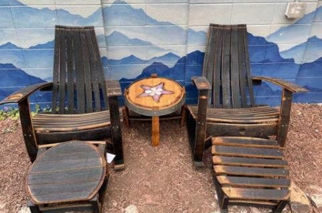 Set of 5 2 Whiskey Barrel Chairs, 2 Matching Ottomans, 1 Side Table