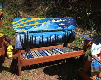 Night & Day Oil Painted mountain mural adirondack snowboard bench, Night VS. Day, Mountain Scape, Colorado Lifestyle, Forest, Matching style