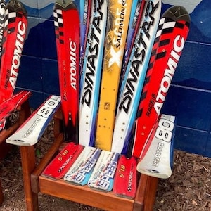 Kids Adirondack Ski Chair,  Request your favorite colors or ski brands, Customized Chairs, Recycled Ski Wooden Chair, Deck