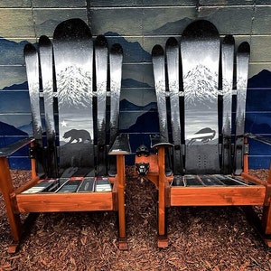 Set of 2 - Grey, Black & Silver Mountain Mural Chairs, bear, Buffalo, Comfortable Yard Chair, Adirondack Snowboard Chair, Patio Chair