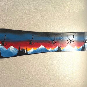 Hand-Painted Sunset Snowboard Coat Rack, Repurposed Jacket Holder