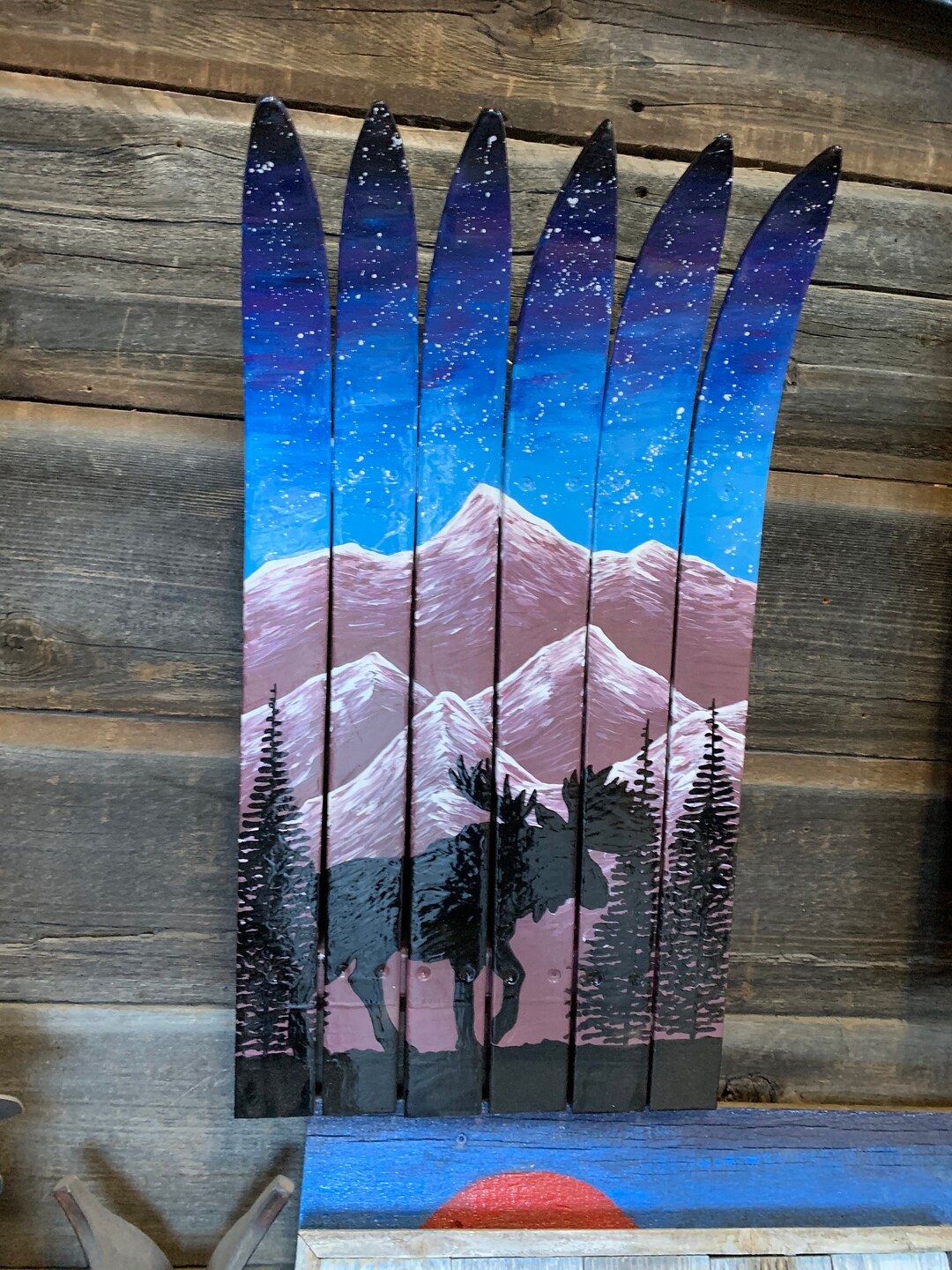 Oil Painted Ski Wall Art, Mountain Mural Ski Wall Flag Art, Moose and