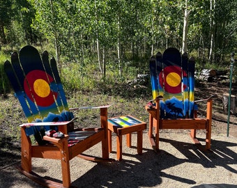 Set of 2 - Northern Lights Sky Mountain Bear Mural Adirondack Ski Chairs - made w/ original skis, Firepit Chairs, deck chairs, patio