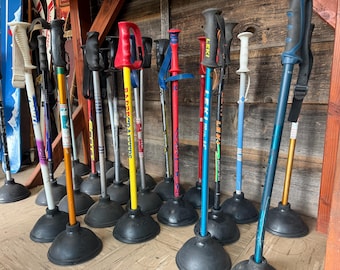 Repurposed Ski Pole Plunger, Upcycled Skier Gag Gift