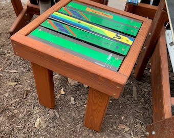 Ski Side Table, seat, wood frame, Choose your colors, ski top side table, side tables, outdoor side table, Coffee Table, Matching Ski Chairs