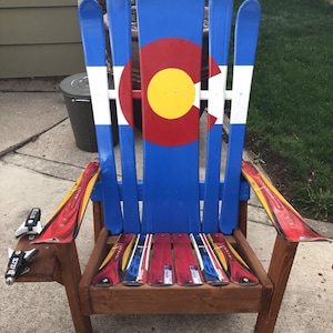 Colorado Flag Hybrid Ski & Snowboard Adirondack Chair, Ski Chairs, Colorado flag chair,Adirondack Recycled Ski Chair, Patio Chair, Ski Gift