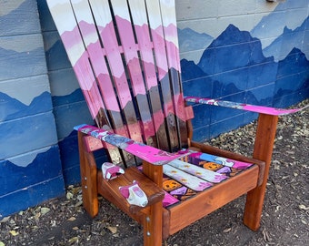 Hand Painted Burgundy Mystic Mountain Mural Adirondack Ski Chair, oil on Recycled Skis,