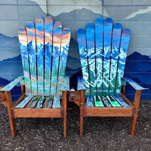 Set of 2 - Montana wilderness Mural Adirondack Ski Chairs, hand painted, sunset, night sky, repurposed skis, Adirondack hybrid chair