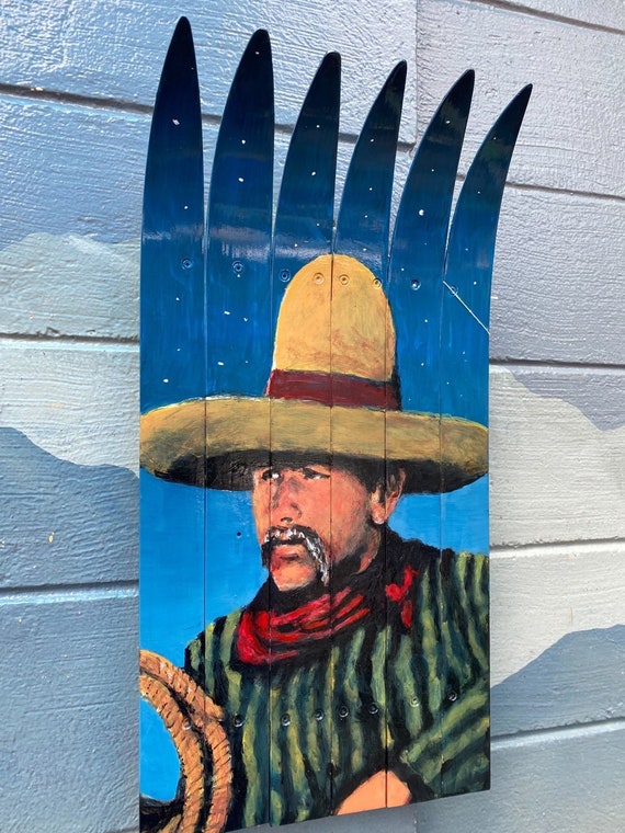 Western Bandito Themed Ski Wall Flag Art, Hand-painted on Upcycled