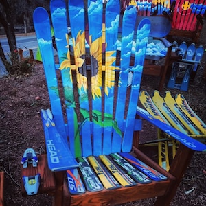 Hand Painted Sunflower Ski Chair, Recycled Skis