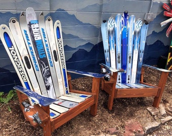 Pair (2) of Ultra-premium Blue/White/Silver Colored Ski Chairs, Outdoor Deck Chair, Recycled Ski Chair, Original Skis, pick any colors!!