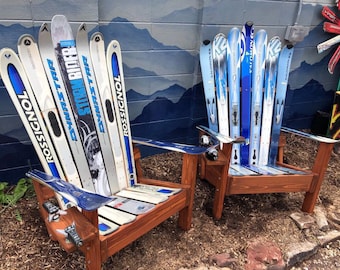 Pair (2) of Ultra-premium Blue/White/Silver Colored Ski Chairs, Outdoor Deck Chair, Recycled Ski Chair, Original Skis, pick any colors!!