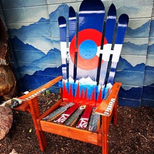 Colorado Football Themed Mural Adirondack ski chair, Outdoor Furniture, Sport Lawn Chair, Colorado Chair w/ Cup holder, Repurposed Ski