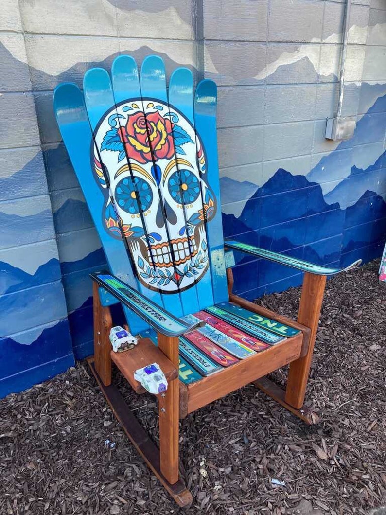 Mexican Sugar Skull/ Day of the Dead Ski Chair, Hand painted, Adirondack chair, sugar skulls, custom chair, deck chairs, patio chair image 3