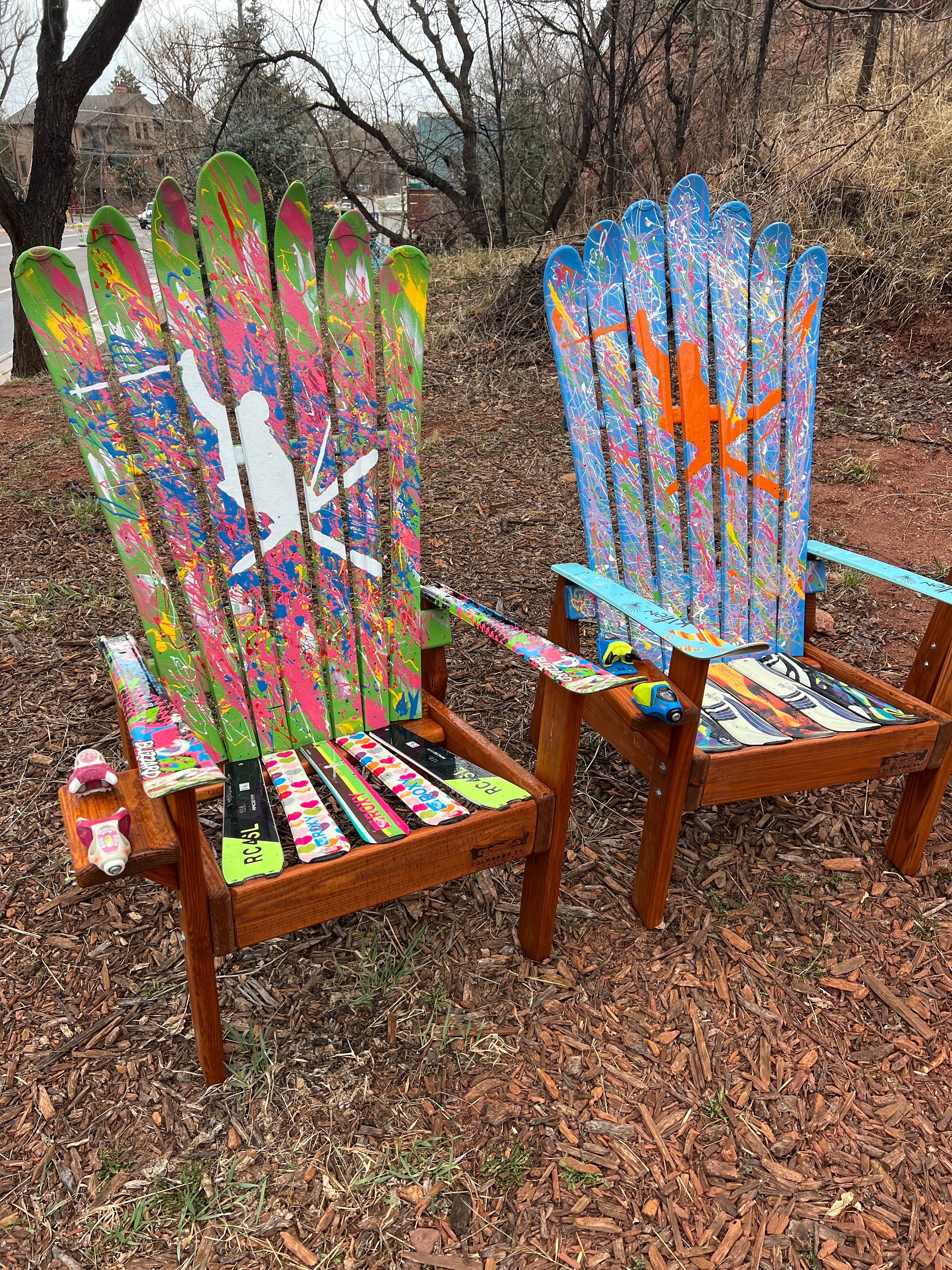 Retro 80s Freestyle Skier Chair, Hand-painted Skier Mural