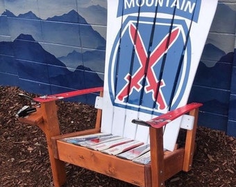 10th Mountain Division Ski Chair, Custom Adirondack Chair, Recycled Ski Chair, Wood Patio Chair, Wooden Chair, Unique Gift for Him, chairs