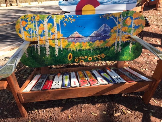 Hand Painted Aspen & Mountains Mural Snowboard Bench - Etsy