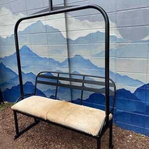 Repurposed Ski Chairlift Bench – Black Powder Coated, Cowhide Seat