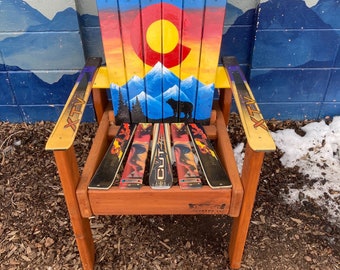 Hand Painted Indoor/Outdoor Alpine Snowboard & Ski Chair, Colorado Flag Bear Sunset Mountain Mural ski/SB Chair, Fire-pit Chairs, man cave