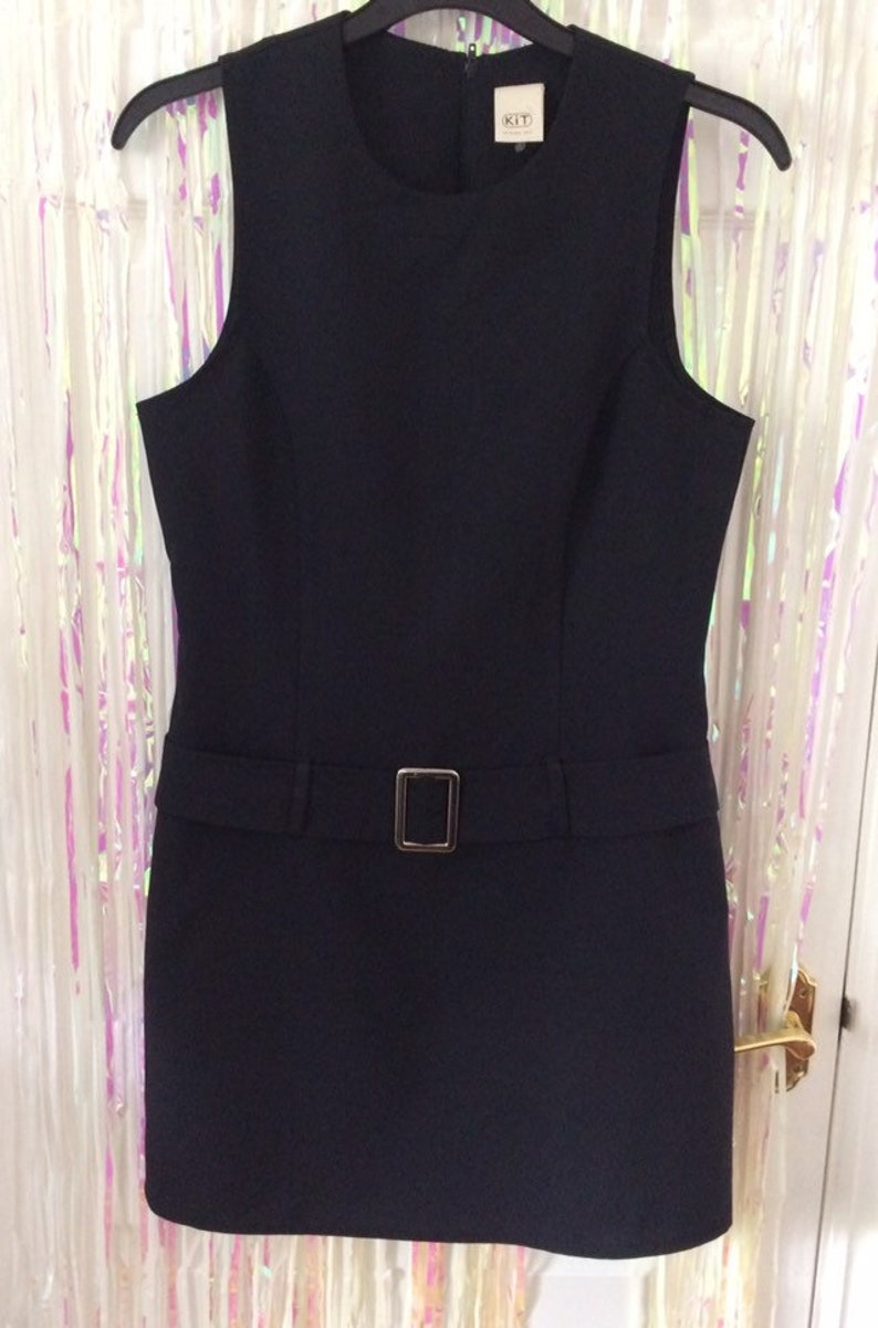Black zip up mod style mini dress with built in silver hardware belt UK 12