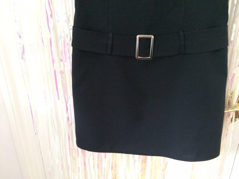 Black zip up mod style mini dress with built in silver hardware belt UK 12