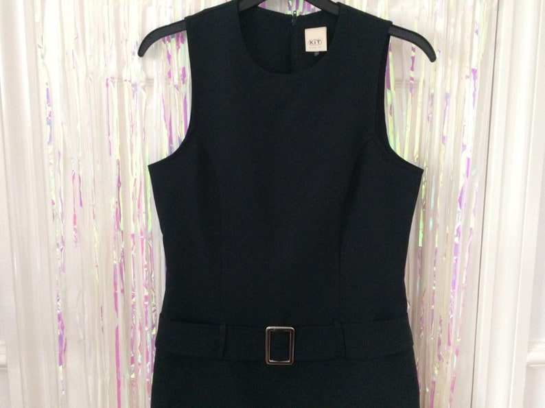 Black zip up mod style mini dress with built in silver hardware belt UK 12