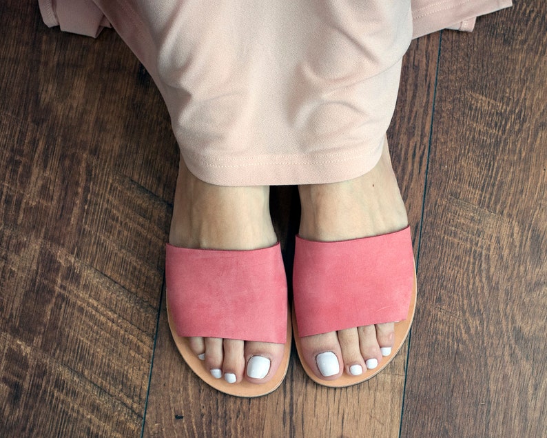 Suede leather slides women Greek leather sandals elegant hippie flats