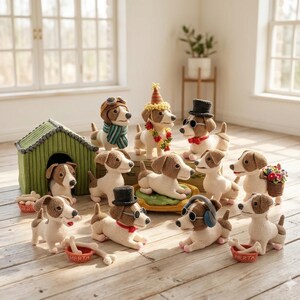 Op de afbeelding: Een verzameling gehaakte Jack Russell terriër-figuurtjes in diverse houdingen en met accessoires zoals hoeden, sjaals, zonnebrillen en koptelefoons. Eén hond zit in een groen gehaakt hondenhok, andere hebben kleine bakjes met botjes.