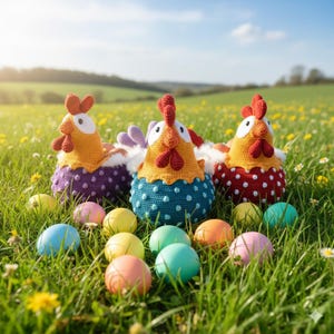 Może przedstawiać: Trzy ręcznie robione szydełkowe uchwyty na pisanki w kształcie kurczaka na polu zielonej trawy i polnych kwiatów. Kurczaki są żółte, pomarańczowe, czerwone i fioletowe z białymi kropkami. Kolorowe pisanki są rozrzucone.