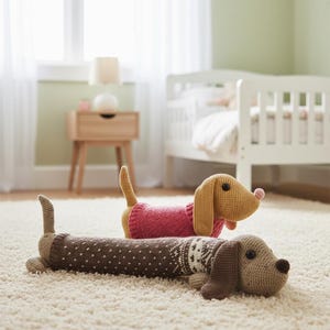 Könnte beinhalten: Zwei handgefertigte Dackel-Spielzeuge aus Häkelarbeit. Eines ist braun mit weißen Punkten und einem weißen und braunen Muster. Das andere ist hellbraun mit einem rosa Pullover. Beide haben schwarze Augen und rosafarbene Nasen. Sie liegen auf einem cremefarbenen Teppich.