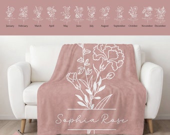 Beautiful Rose Gold Personalized Birth Month Flower Blanket, Boho Floral Custom Name Blanket Minky, Birth Flower Gift Mom Grandma Baby