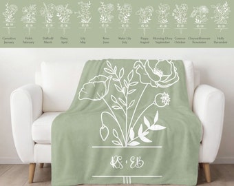 Cute Personalized Couples Blanket, Customized Blanket Best Friend Couples Valentine's Day Gift, Boho Birth Month Flower Sherpa Minky Gift