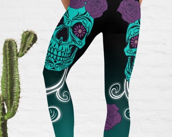 Wunderschöne Zuckerschädel Leggings Yoga Hose, Pilates Leggings, Workout Strumpfhose, Damen Activewear, Festival Leggings, Tag der Toten Leggings