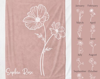 Boho Rose Gold Birth Month Blanket, Personalized Fleece Blanket, Floral Custom Name Blanket, Birth Flower Gift Mom Grandma Baby Girlfriend