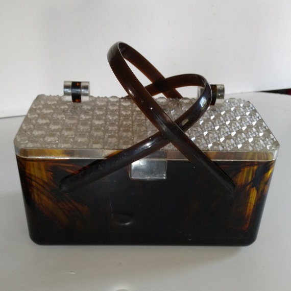 Stunning Vintage 1950's Clear Acrylic Box Purse with Glitter and Metal Mesh