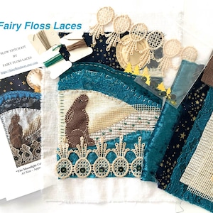 Slow stitch kit hare with patterns & instructions patch fabric collage textile art quilt pattern raw edge hand embroidery - Moon Gazing Hare