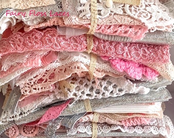 Mystery Bundle 30+ pcs kit fabric lace trims junk journal slow stitching Christmas gift - Pink white & silver (shabby chic / pink christmas)