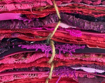 Mystery Bundle 30+ pcs kit assortment of laces trims fabrics junk journal slow stitching mixed media collage - Fuchsia hot pink & purple