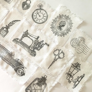 20+ stuks met de hand gestempelde katoenen motieven junk dagboek langzaam stikken bewust naaien mixed media collage quiltkunst - steampunk / vintage look