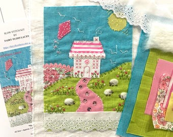 Slow stitch kit with instructions & patterns raw edge applique textile art junk journal cover lace trims wall art Pink cottage