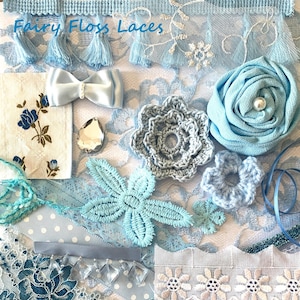 30+ kit de enfeites pacote sortimento de rendas guarnições tecidos texturas costura lenta lixo diário arte mídia mista colagem quilting azul